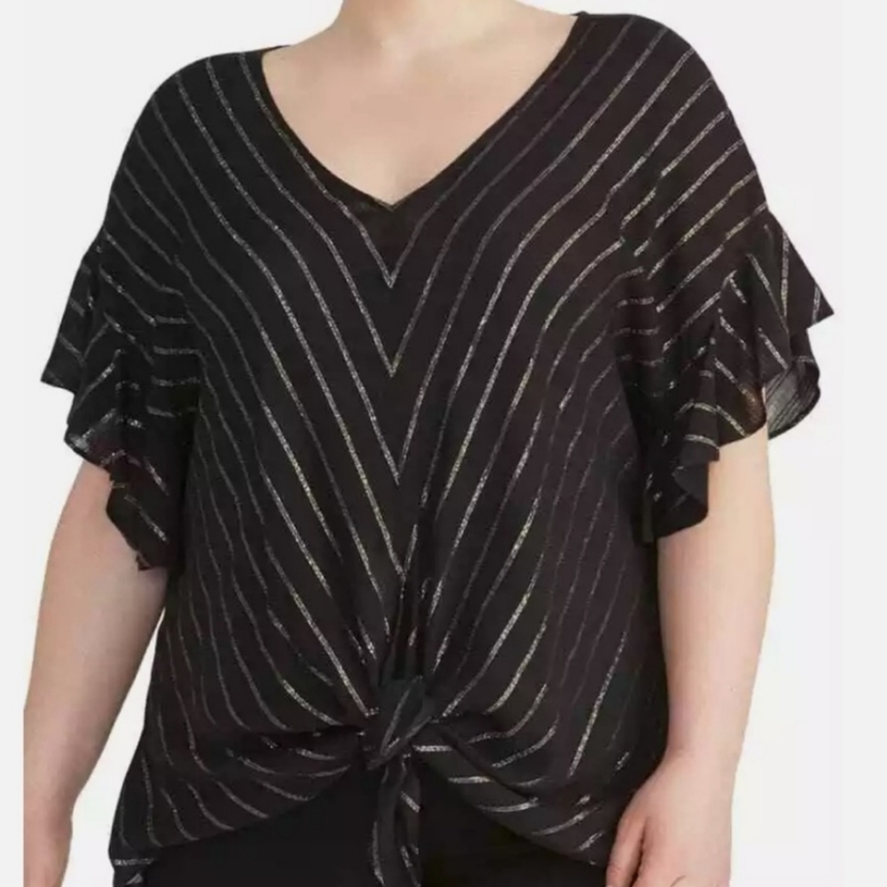 Rachel Roy NWT 2X Black and Metallic Flutter Sleeve June Top Black Gold